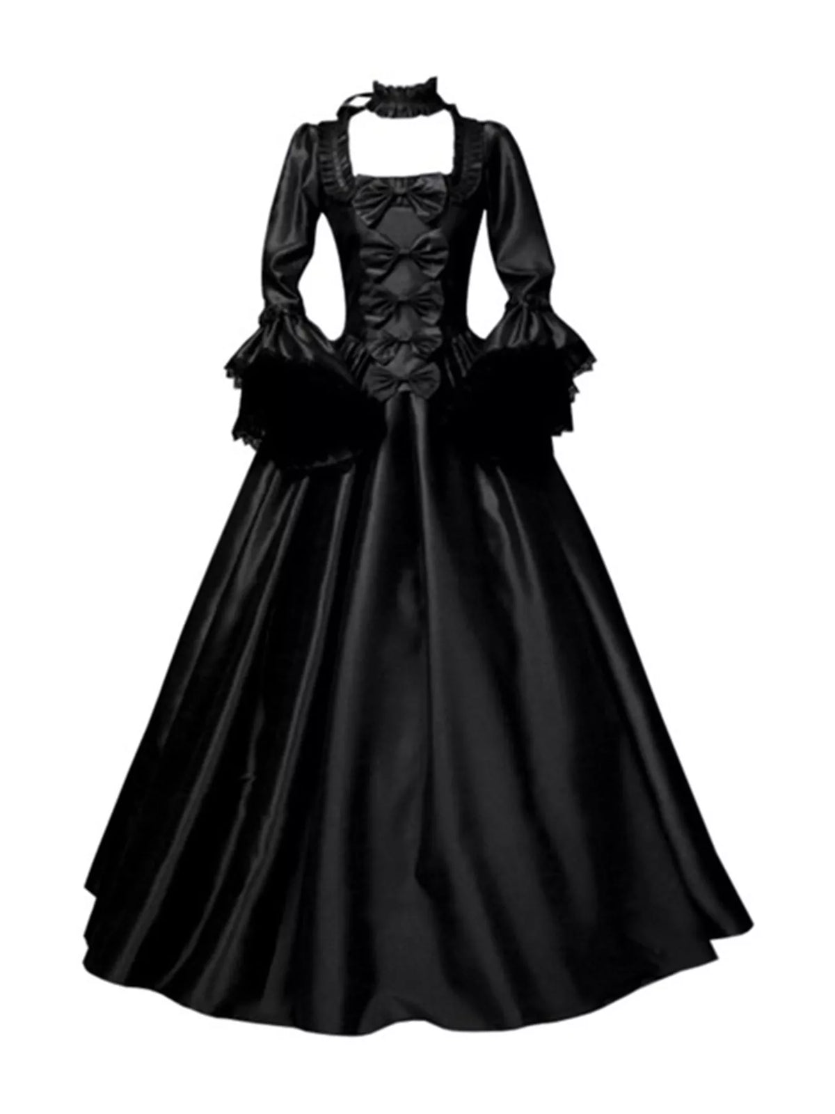 Victorian Gothic Satin Ball Gown Dress with Bow Accents in black