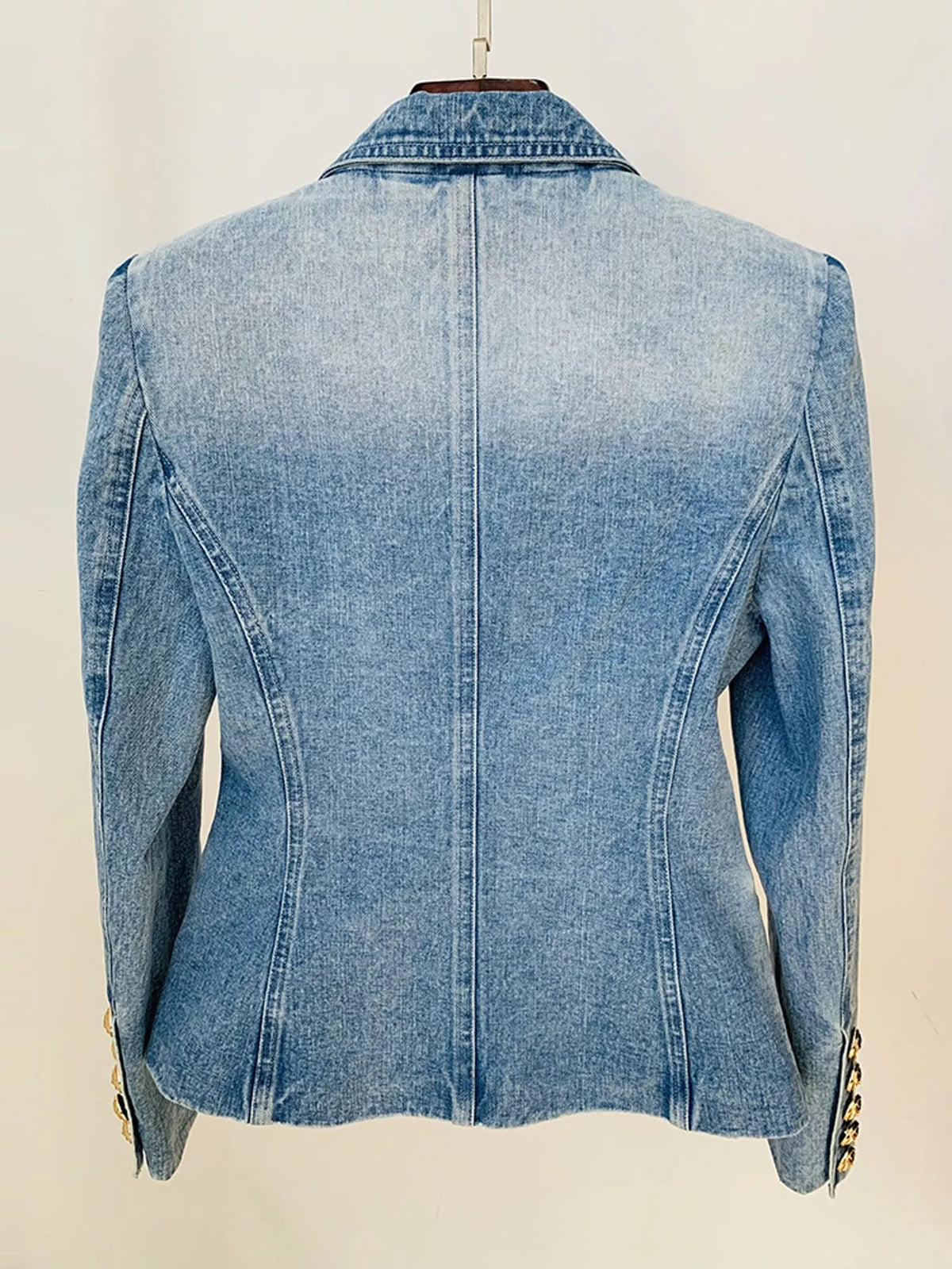 Double-Breasted Denim Jacket with Gold-Tone Buttons, back view in light blue