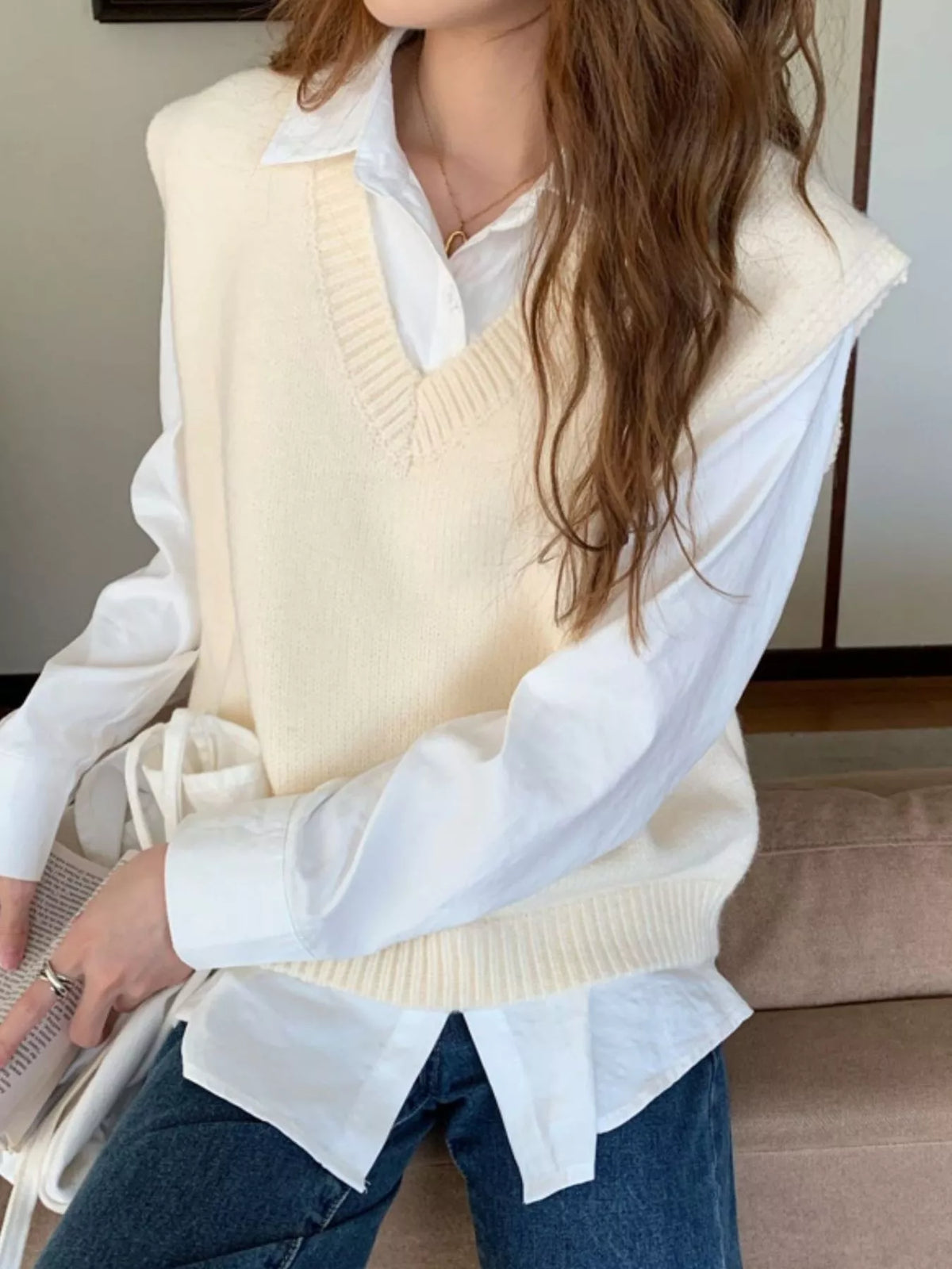 Beige v-neck knit sweater vest