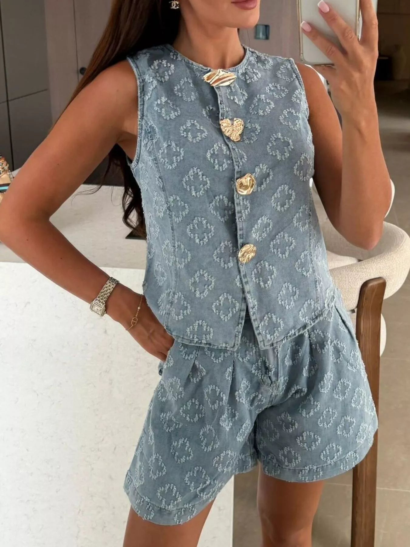 Trendsi Embossed Vest and Shorts Denim Set with Gold-Tone Buttons -