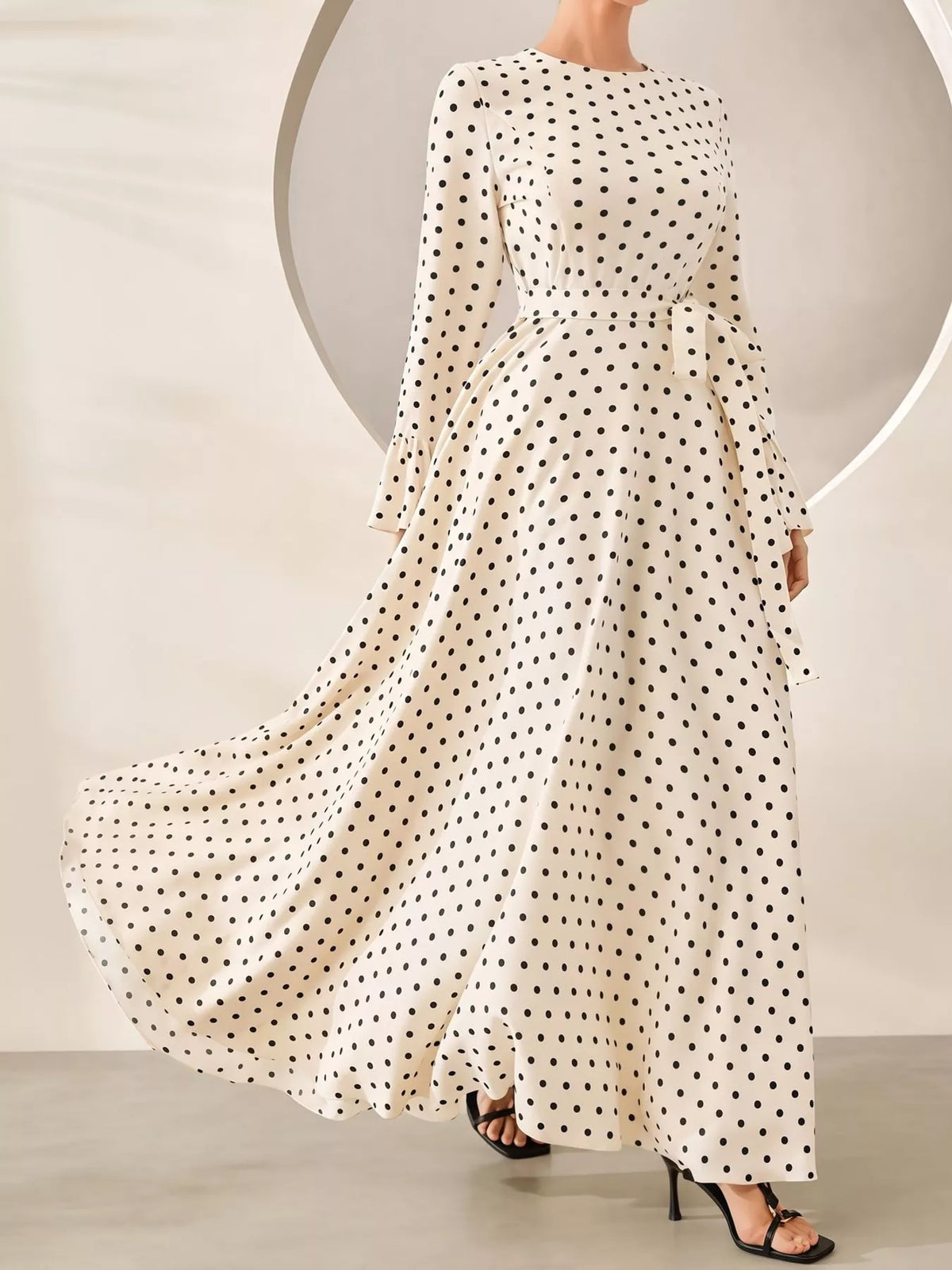 Polka Dot Long Sleeve Maxi Dress with Waist Tie in cream