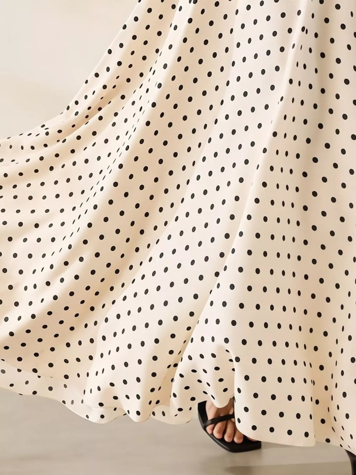 Polka Dot Long Sleeve Maxi Dress with Waist Tie, detail view in cream and black