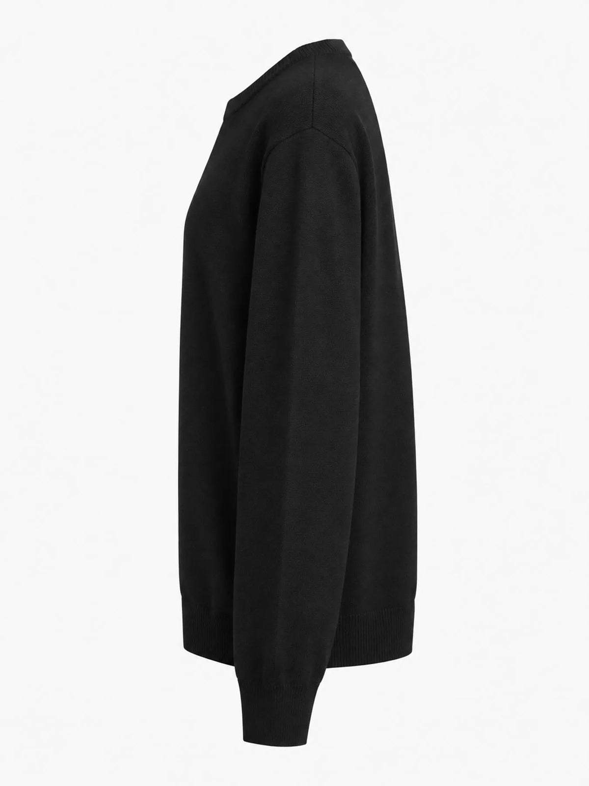 Black crew neck button down knit cardigan, side view