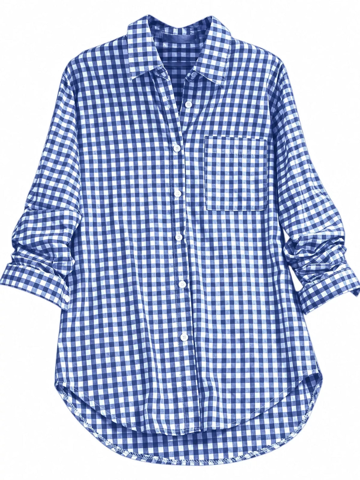 Navy and white plaid button-down shirt