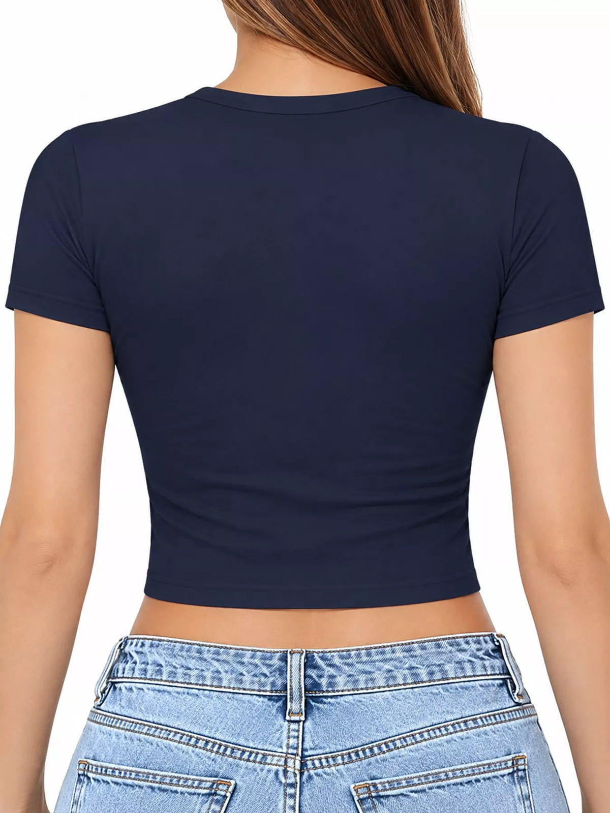 Navy crew neck crop T-shirt, back view