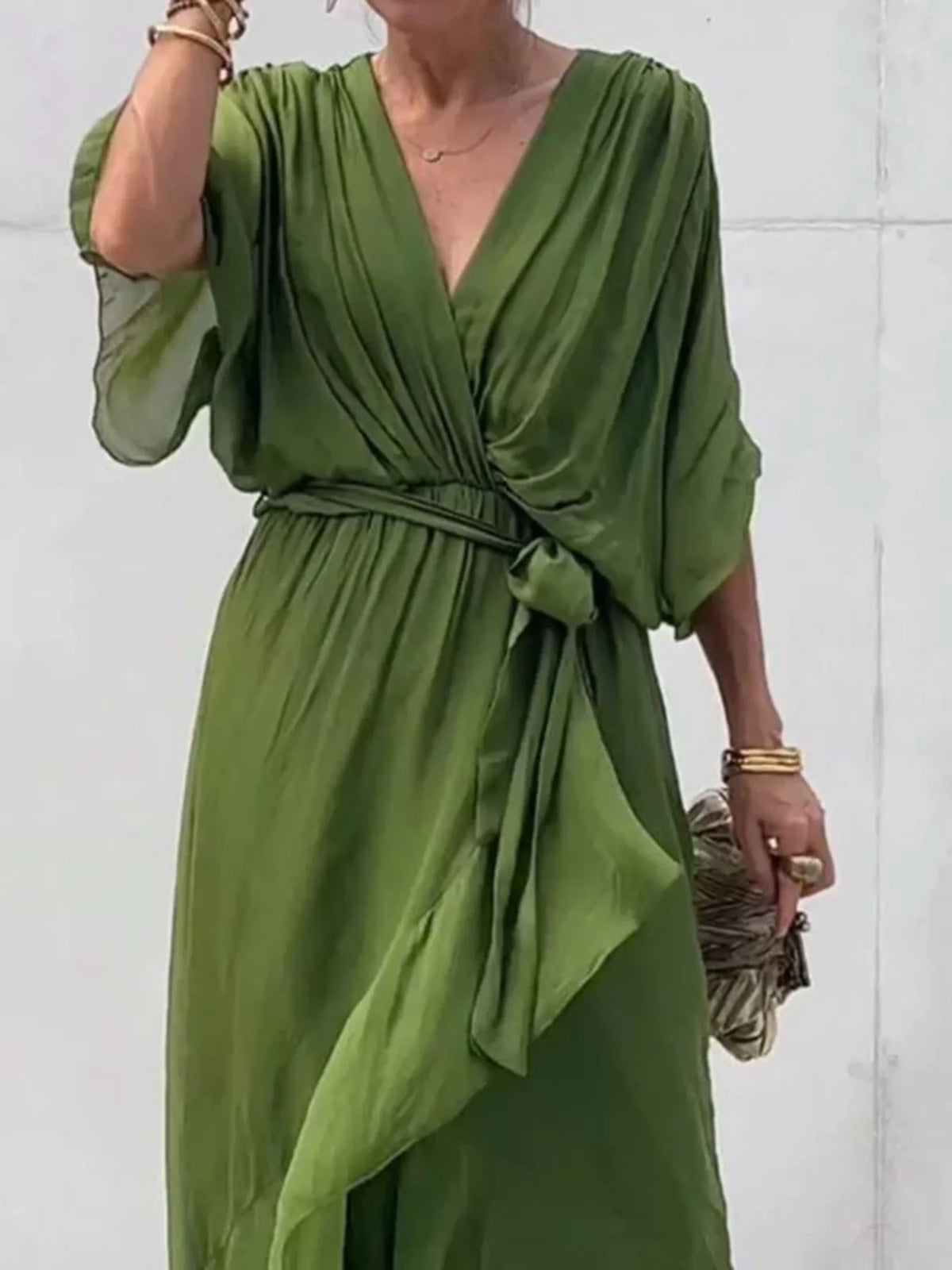 Trendsi Full Size Chiffon Wrap Dress with Flutter Sleeves Plus Size -