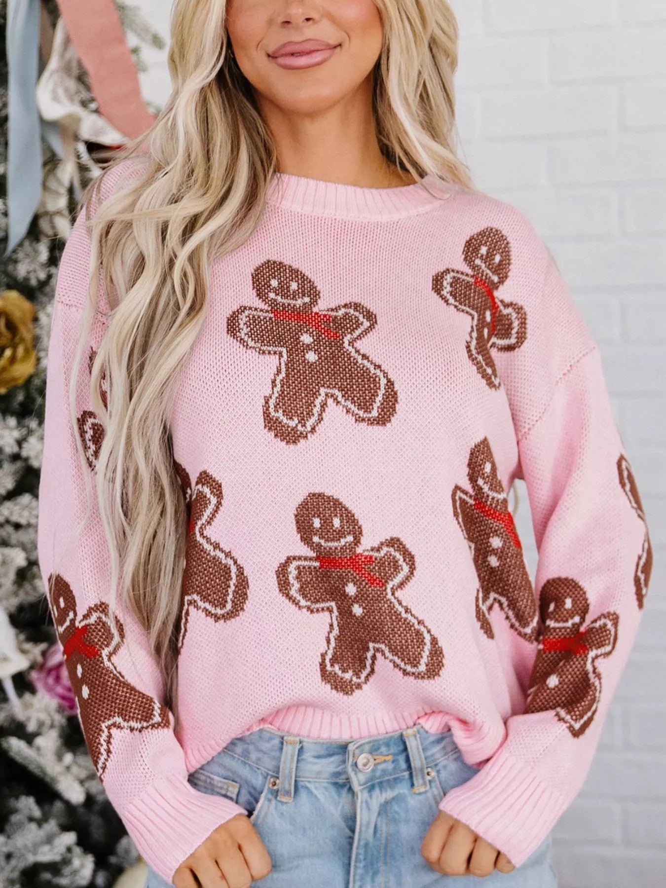 Gingerbread-pattern round-neck long sleeve sweater
