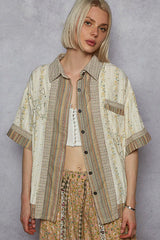 Trendsi POL Printed Button Down Patchwork Short Sleeve Shirt -