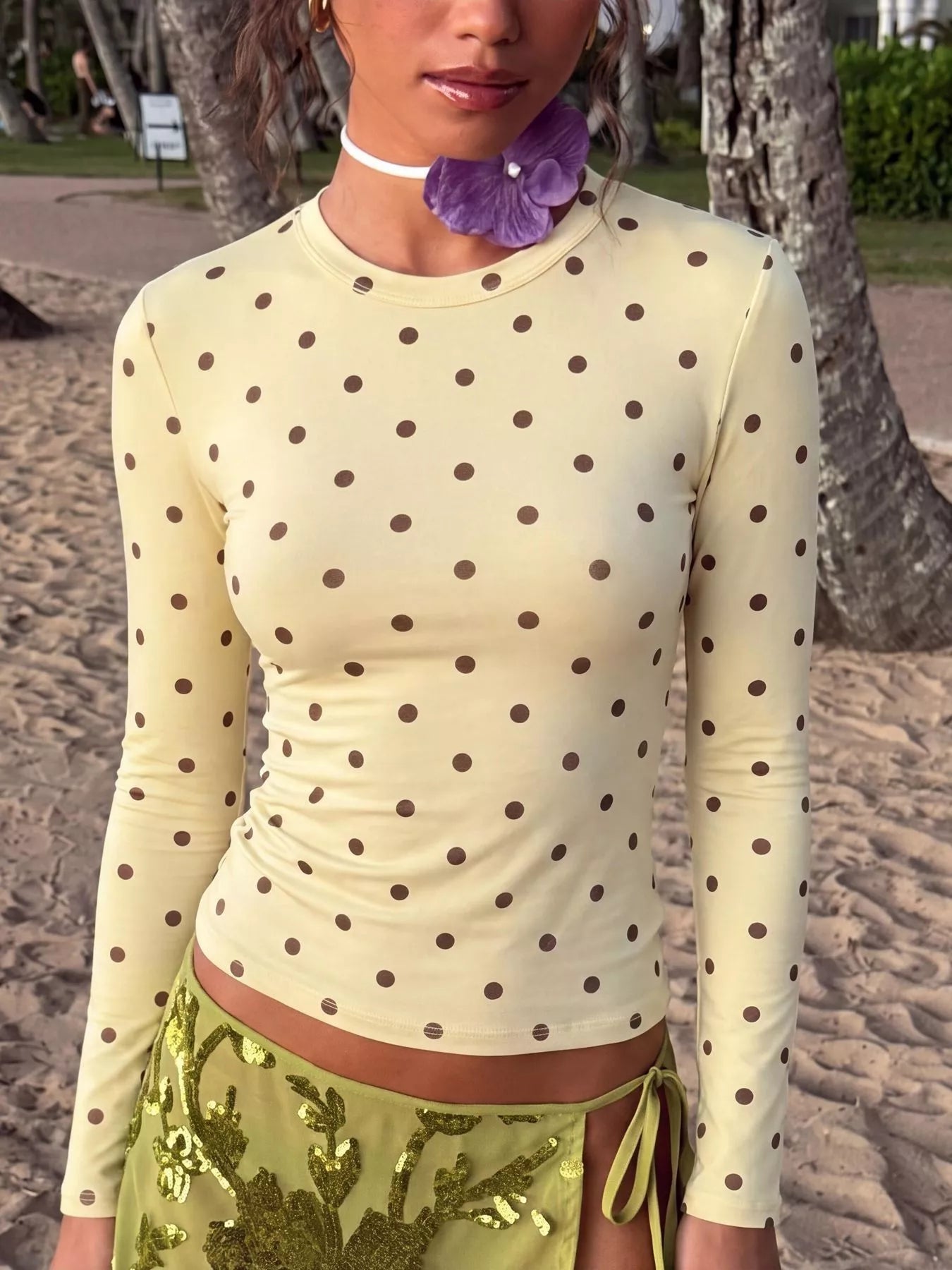 Trendsi Long Sleeve Polka Dot Slim Fit T-Shirt -