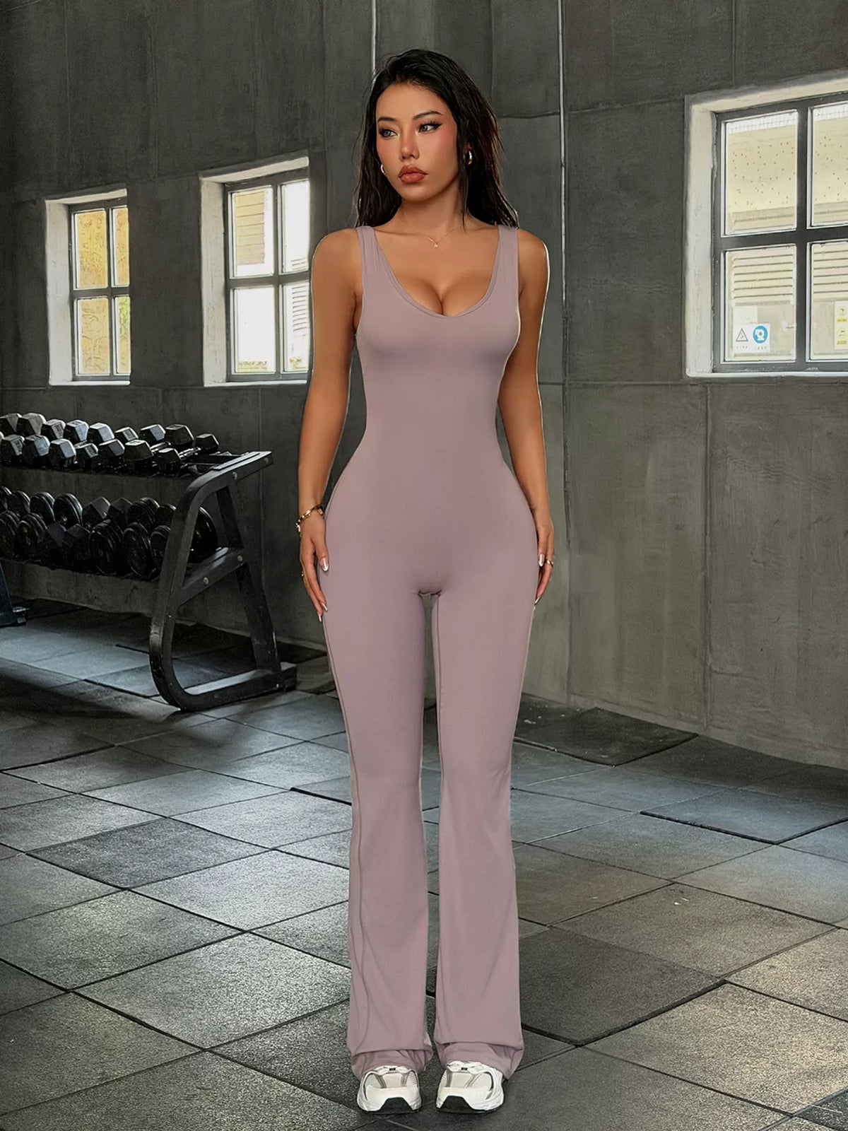 Sleeveless Active Jumpsuit with Flared Leg Design, front view