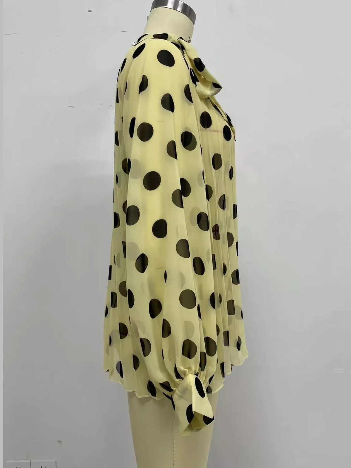 Light Yellow polka dot long sleeve blouse, detail view