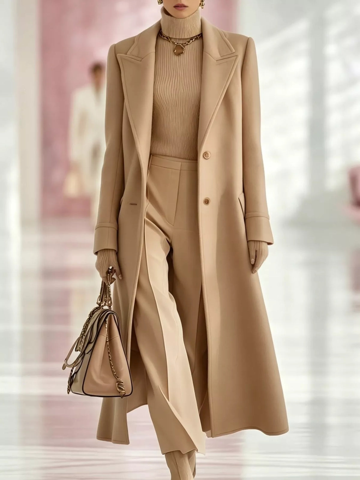 Women's Lapel Collar Longline Coat in camel — front view