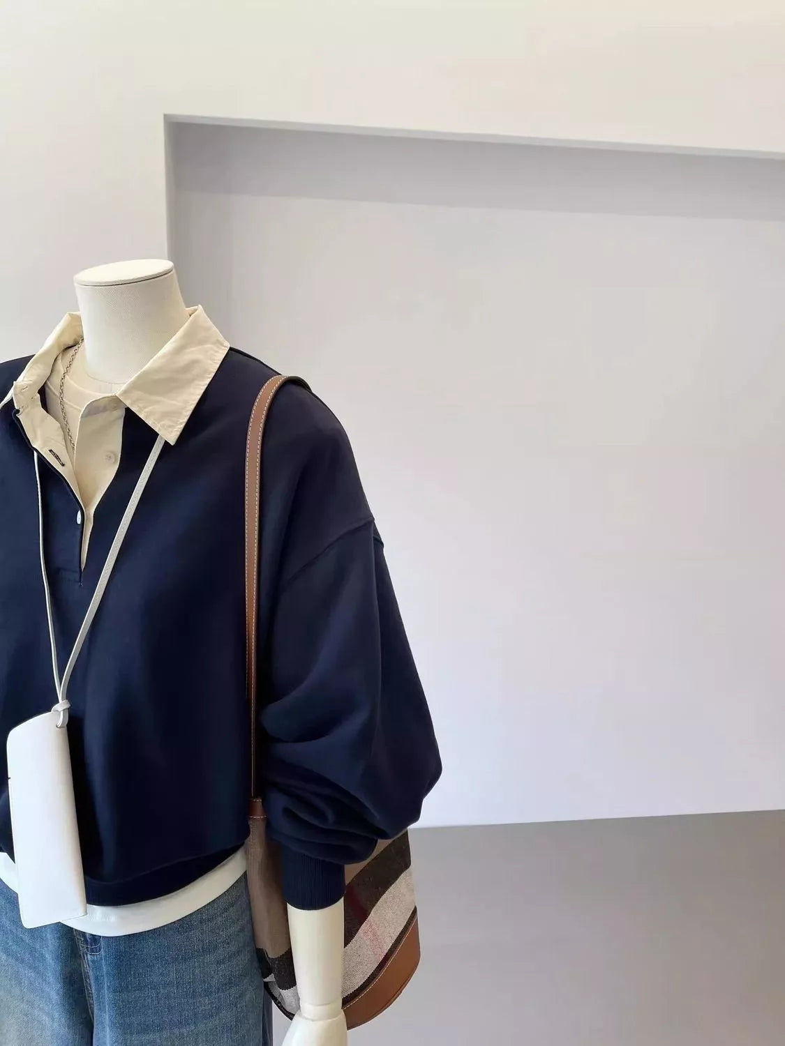 Navy polo-collar layered-look sweatshirt