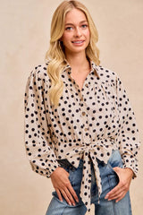 Trendsi BiBi Polka Dot Print Tie Hem Detail Crop Shirt -