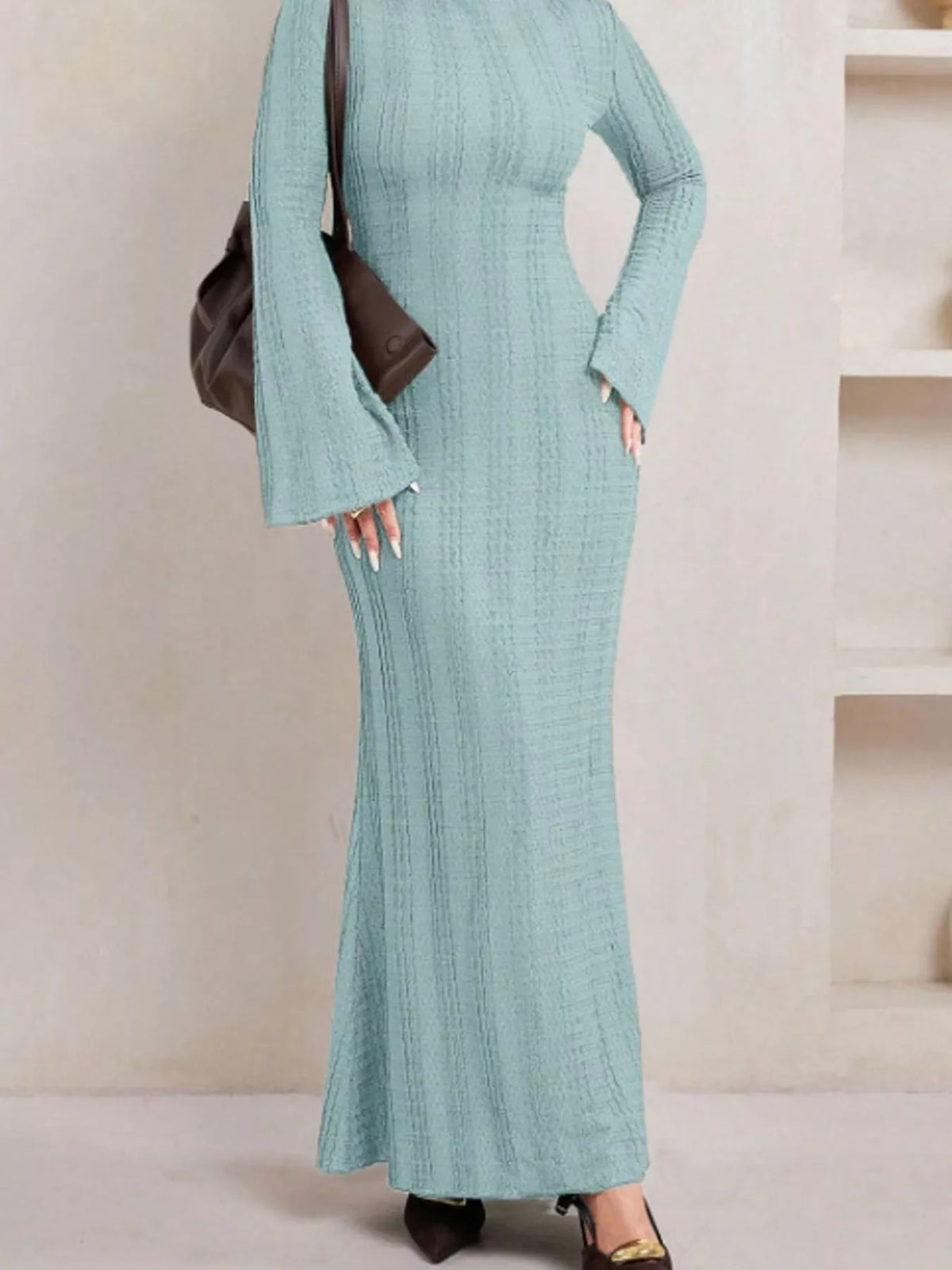 Textured Flare Sleeve Bodycon Maxi Dress in light blue