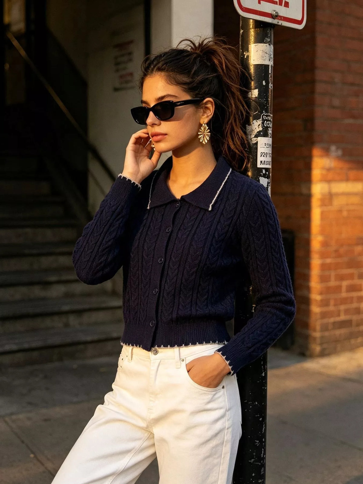Navy cable-knit polo-collar cardigan, angled front view.