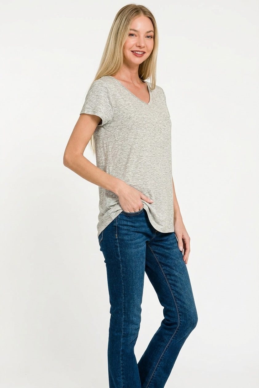 Women's Rayon V-Neck Short Sleeve Top With Round Hem — product view 3