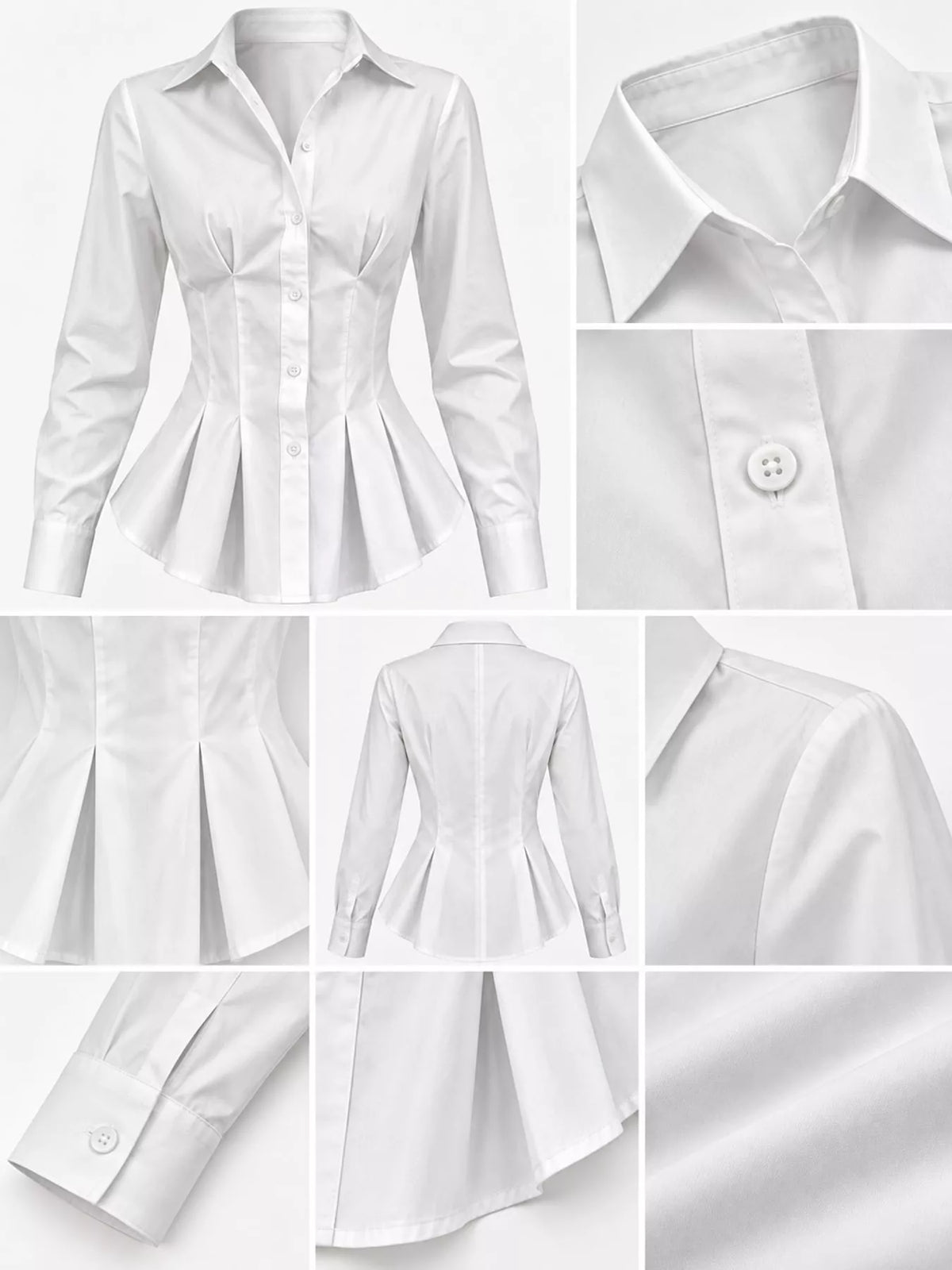 Button-Down Peplum Blouse with Fitted Waist, collar cuff and hem details