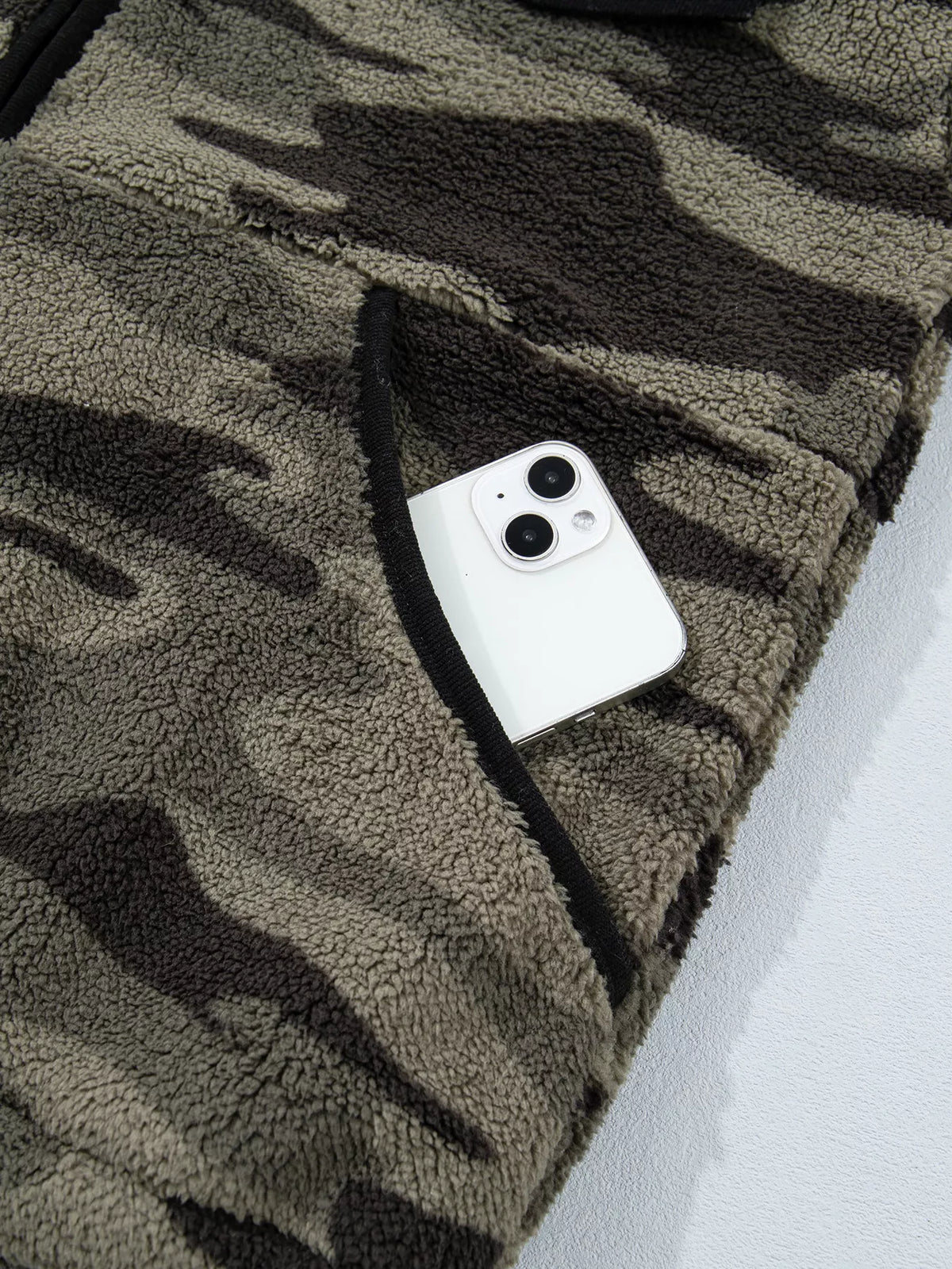 Camouflage Fleece Half Zip-Up Pocket Sweatshirt in army green, construction detail
