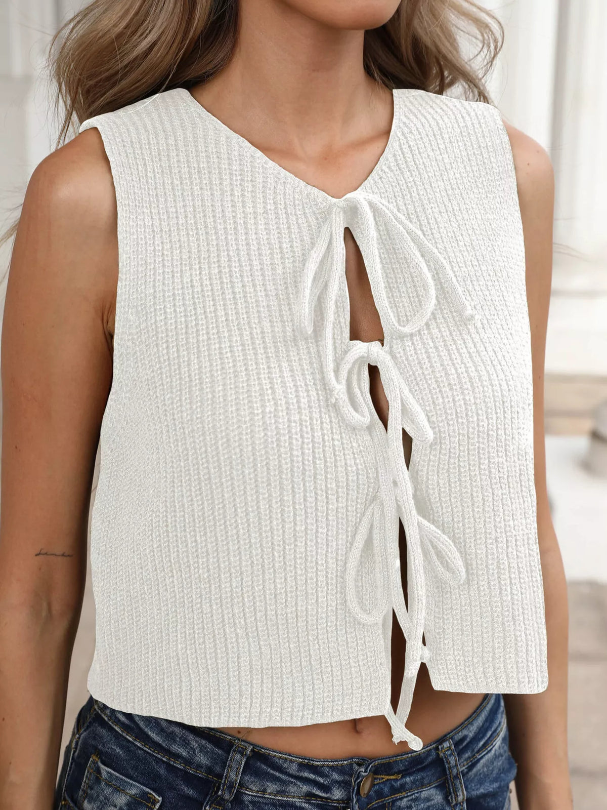 White Tie-Front Sweater Tank front view