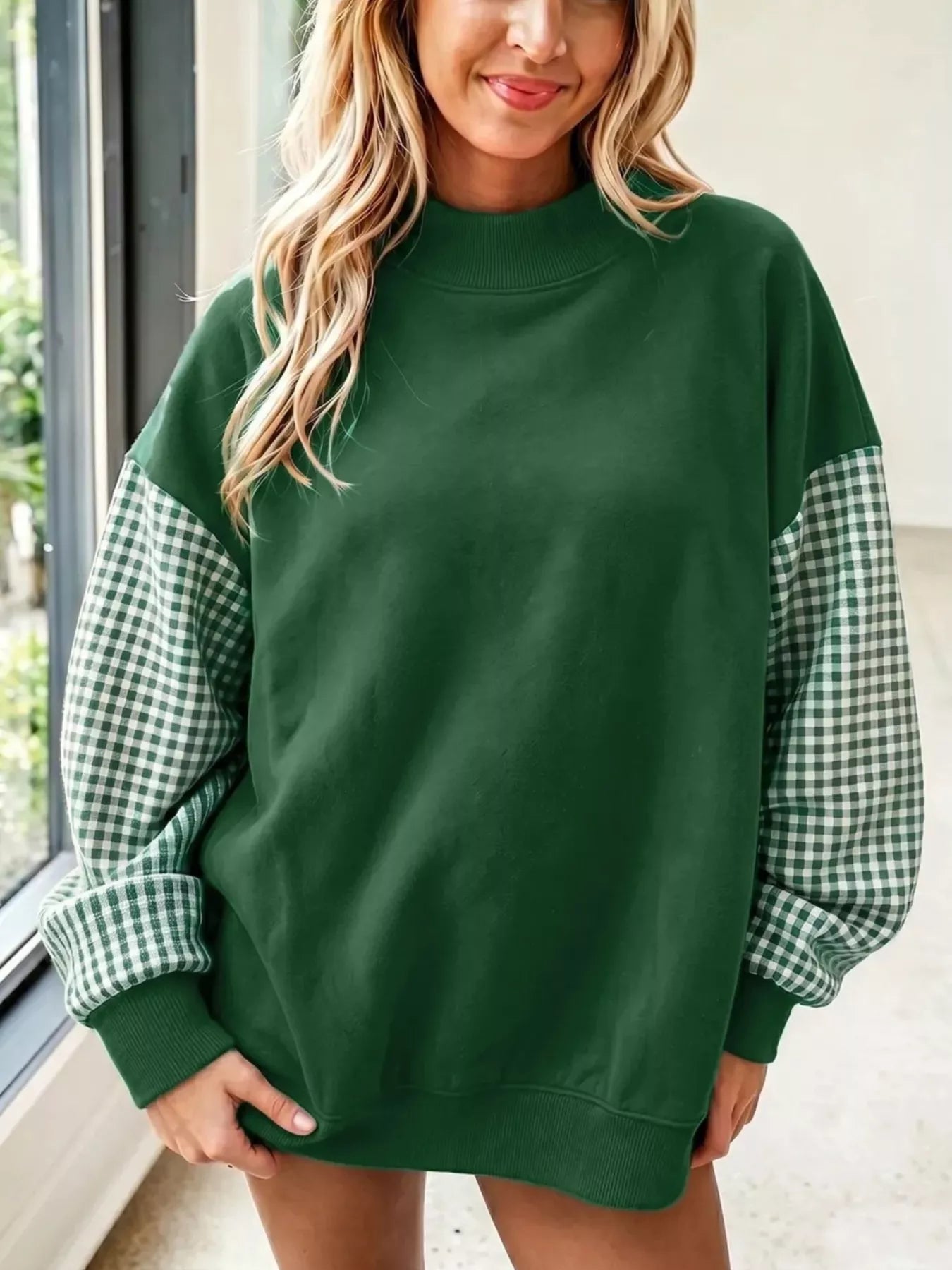 Trendsi Gingham Sleeves Round Neck Sweatshirt -