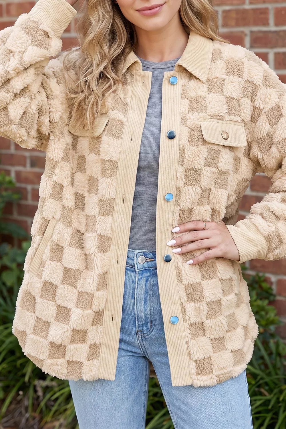Trendsi Plush Checkered Corduroy Trim Metal Button Long Sleeve Shift Silhouette Shacket -