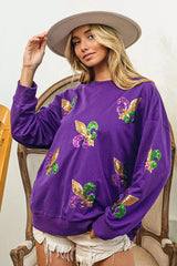 Trendsi BiBi Fleur De Lis Sequin Patches Mardi Gras Sweatshirt -
