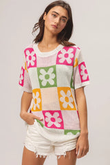 Trendsi BiBi Flower Checker Pattern Lightweight Sweater Top -
