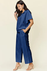 Trendsi Double Take Full Size Texture Half Zip Short Sleeve Top and Pants Set -