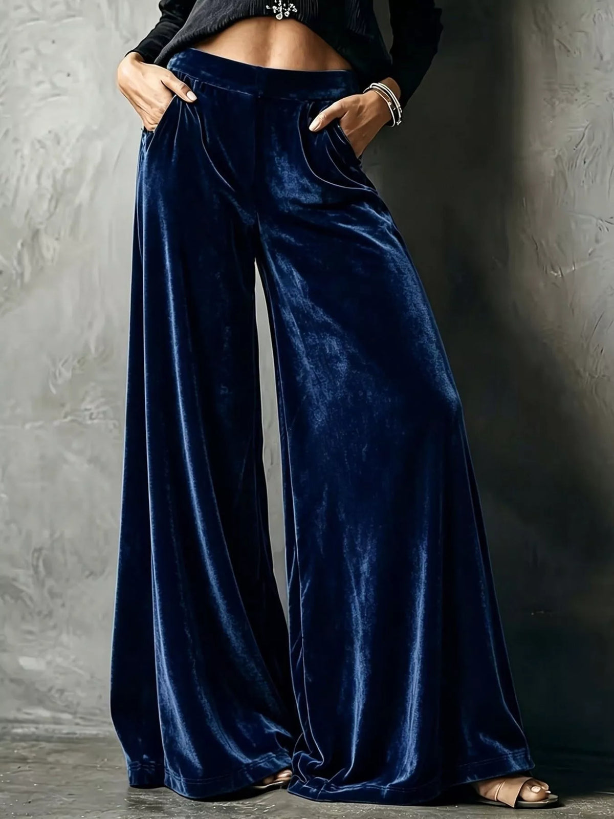 Navy wide-leg velvet pants, front view