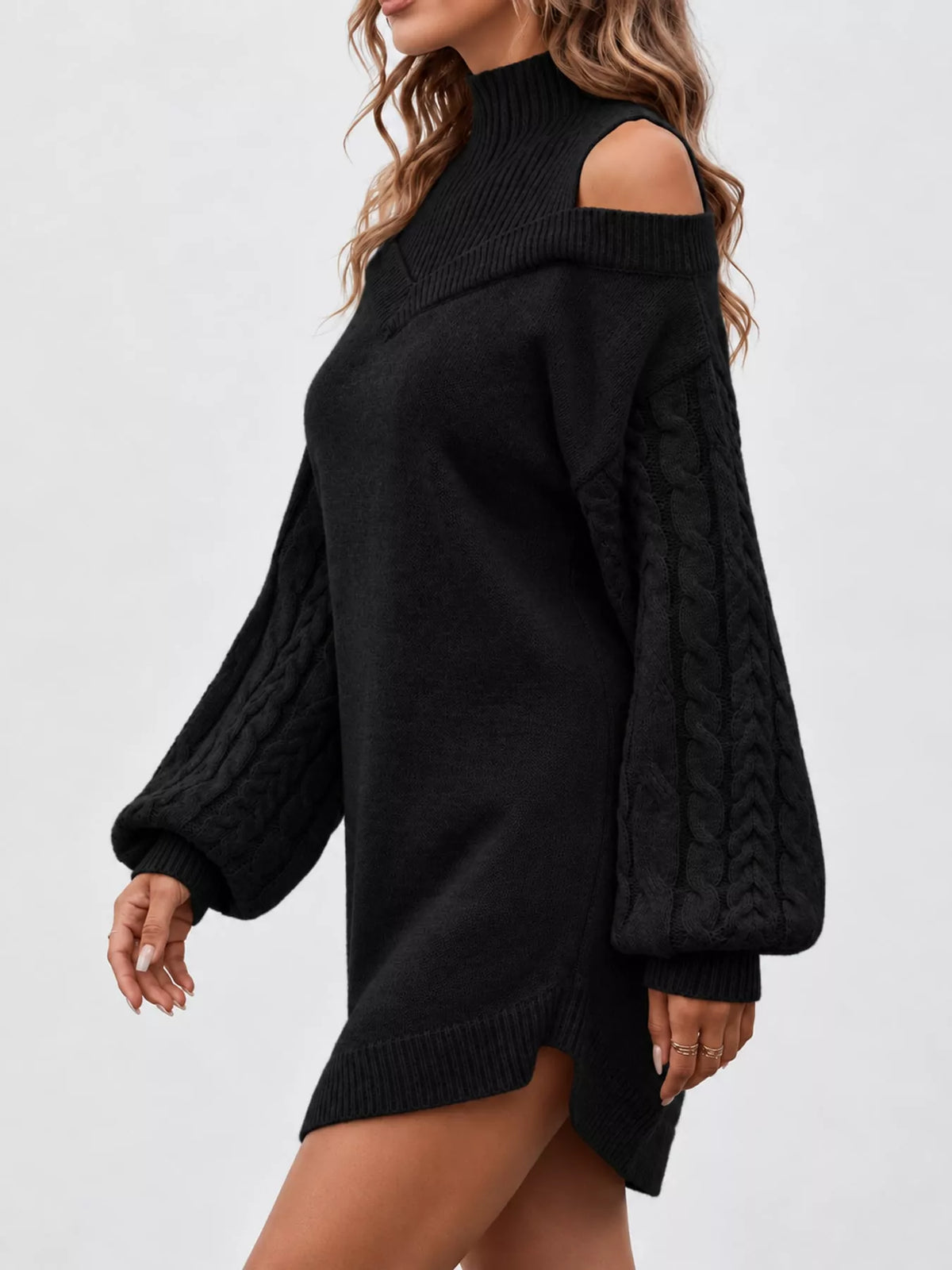 Black cold shoulder cable knit mock neck sweater dress, side view