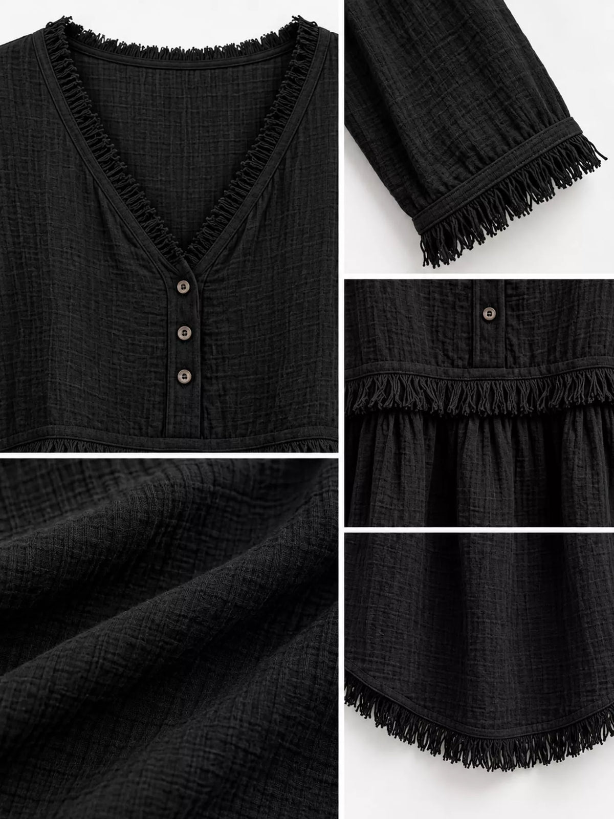 Fringe-trim blouse, black detail collage