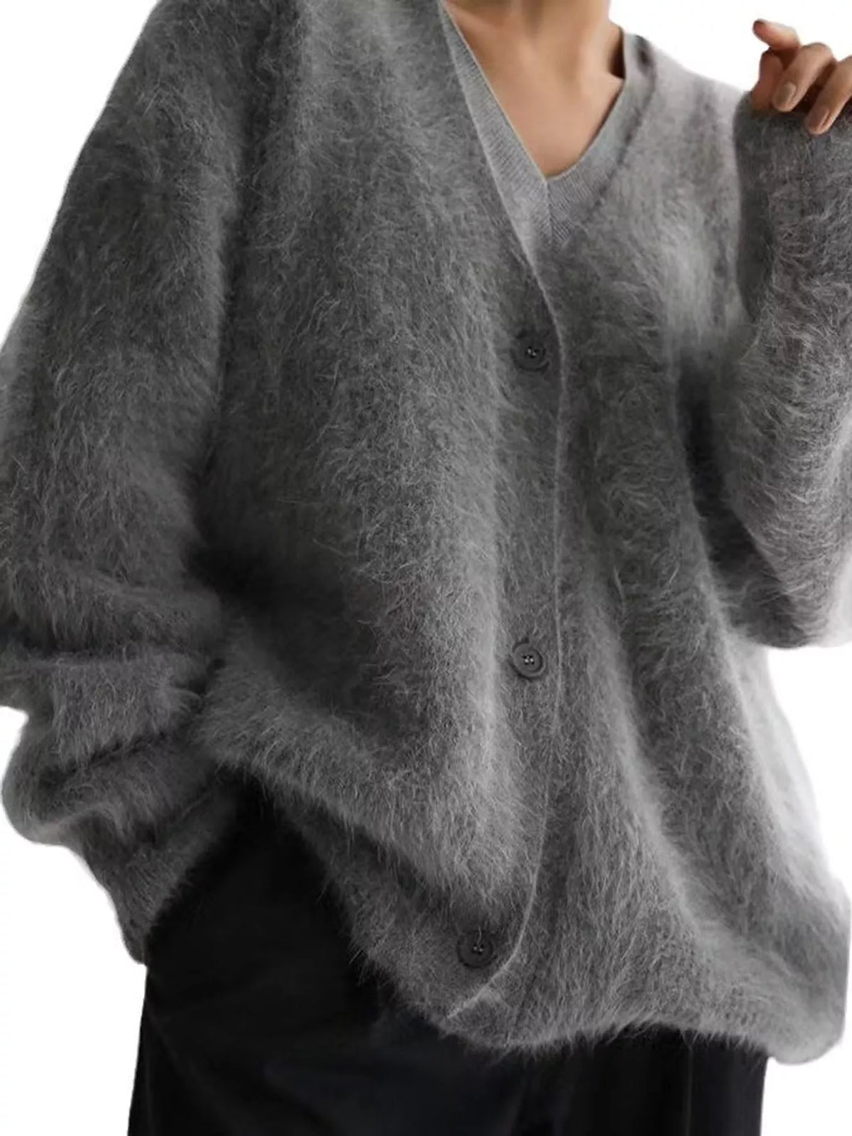Gray fuzzy v-neck button-down cardigan, V-neckline, button front, and fuzzy knit hem