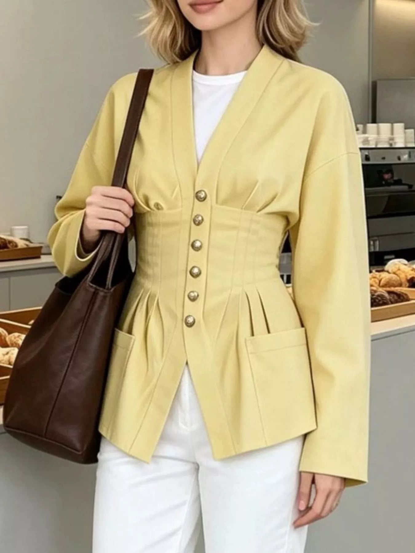 Trendsi Pleated Waist Blouse with Button Detail -
