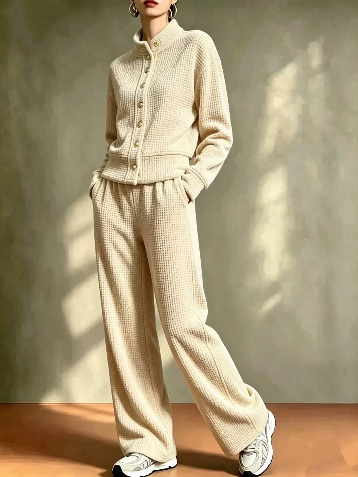 Apricot Color waffle knit button-up outerwear and wide-leg pants set