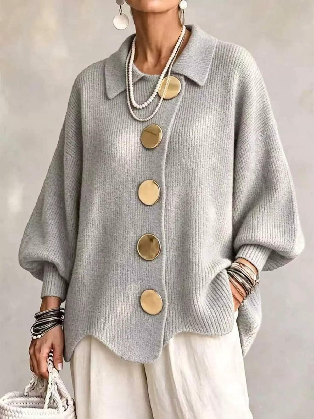 Trendsi Full Size Gold Buttons Lantern Sleeve Cardigan Plus Size -
