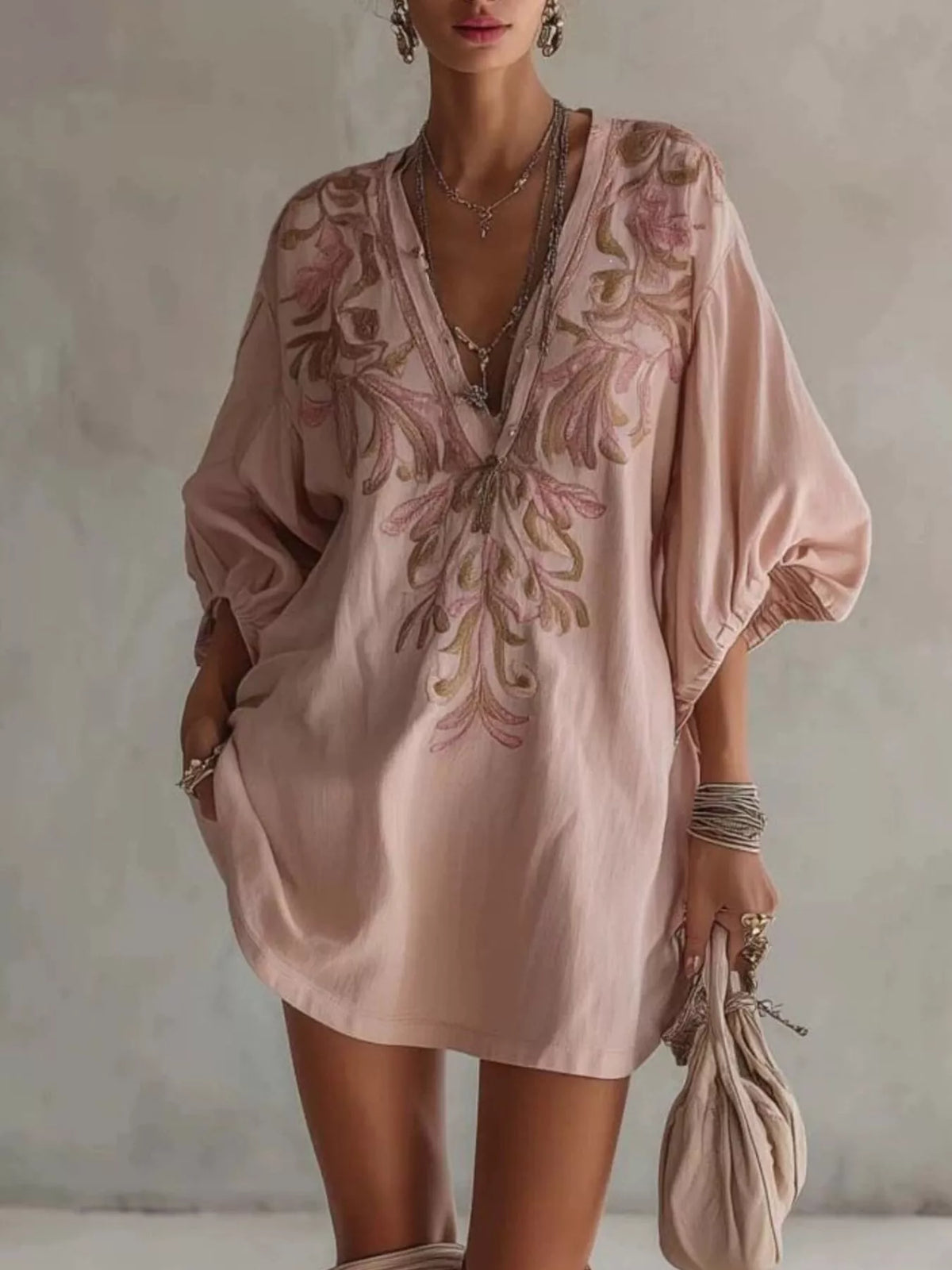 Dusty pink embroidered v-neck mini dress