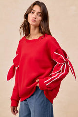 Trendsi BiBi Bow Detail Sleeves Fleece Sweatshirt -