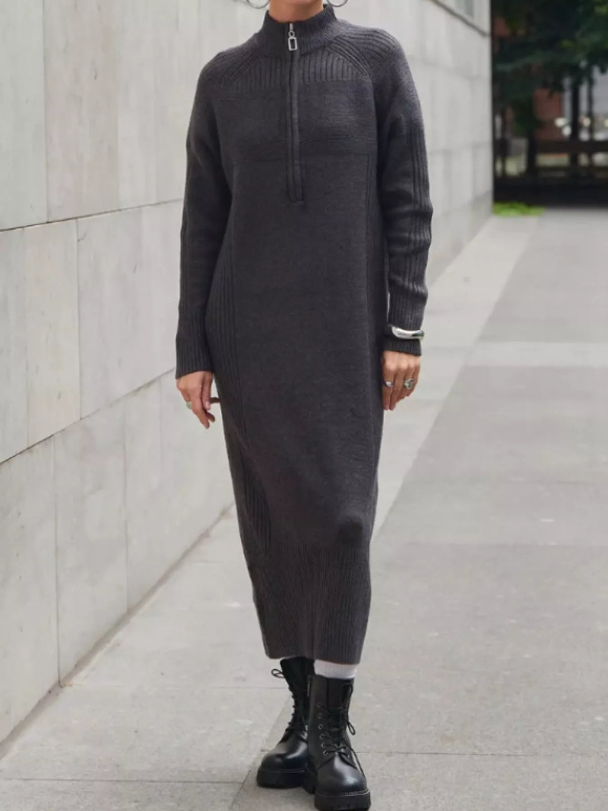 Charcoal half-zip ribbed knit sweater dress — front view