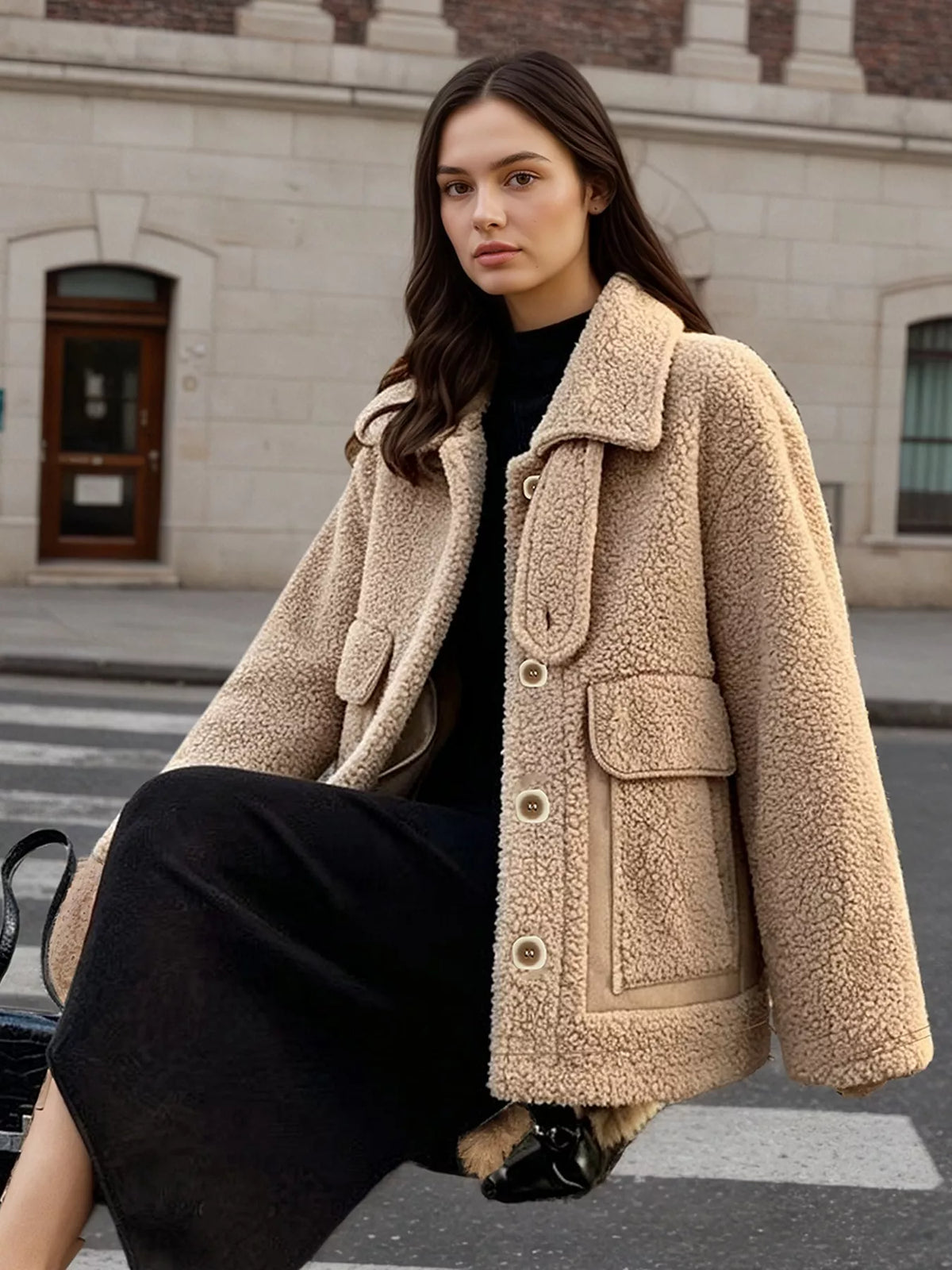 Camel Color Sherpa Button-Up Outerwear back view