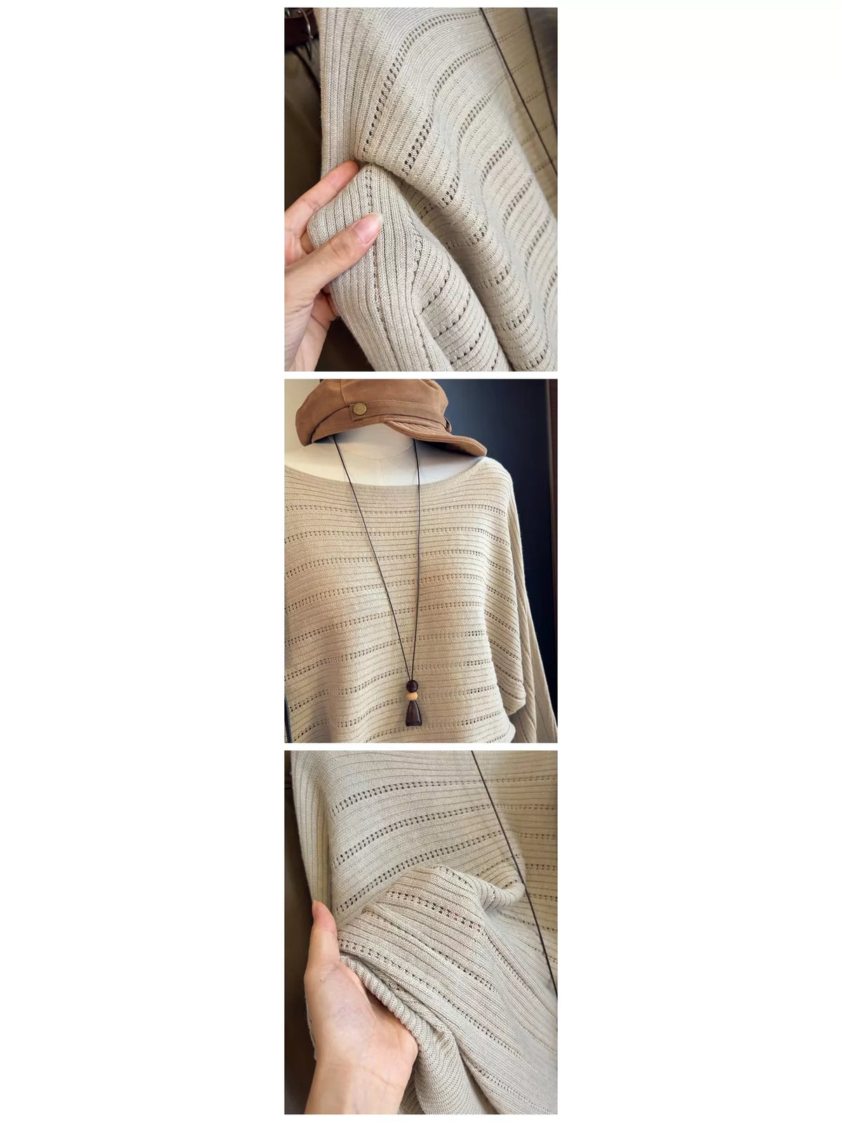 Openwork sweater, cream knit detail collage