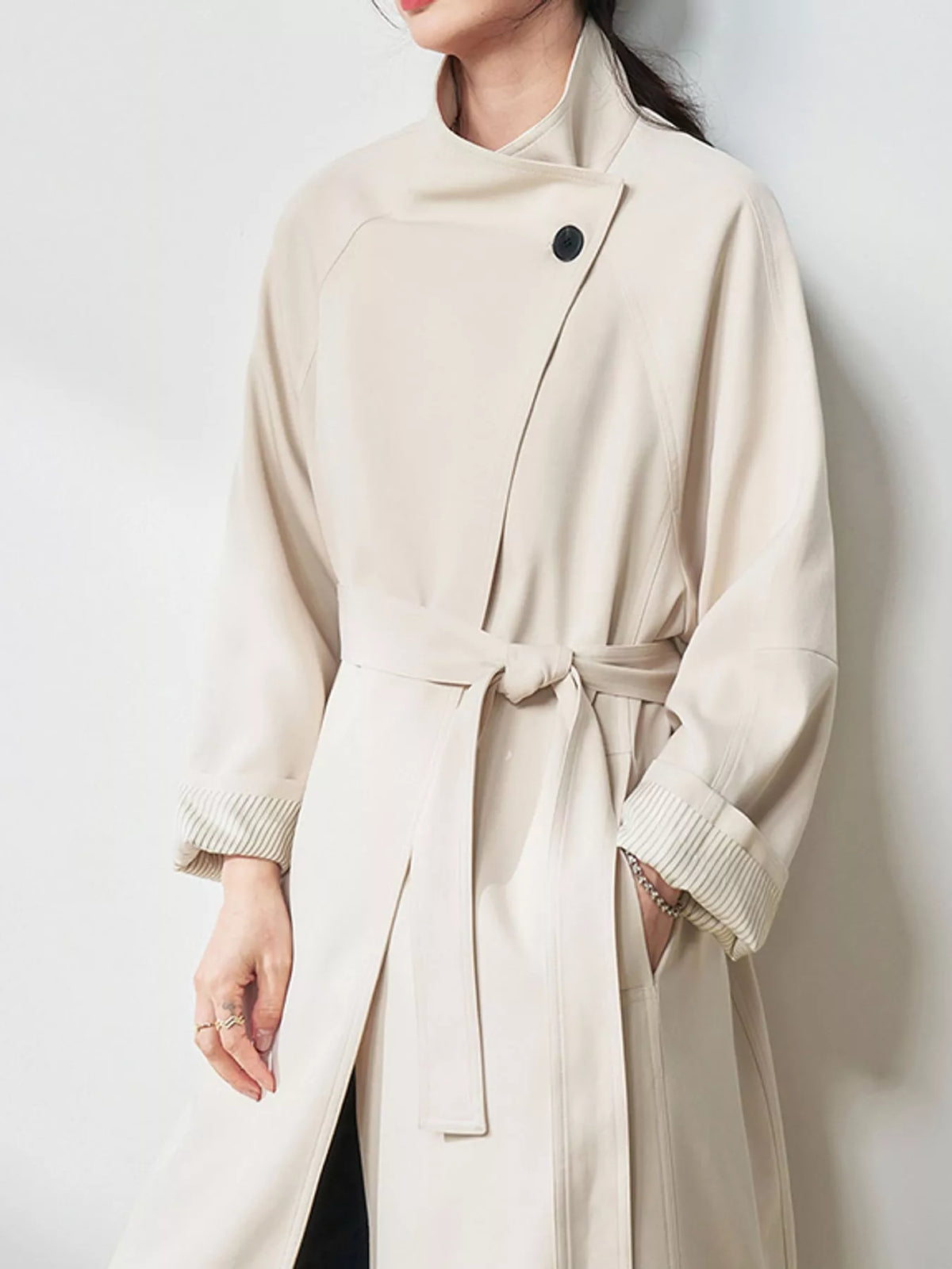 Asymmetric Button Longline Trench Coat in cream