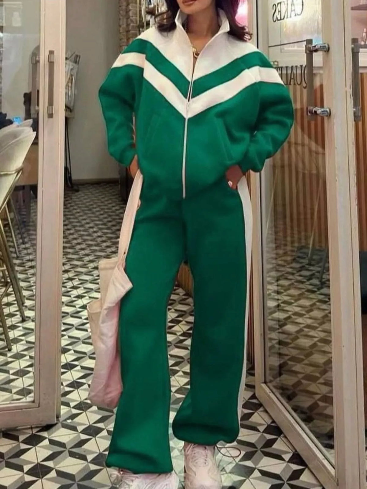 Trendsi Color Block Zip-Up Outerwear and Pants Set -