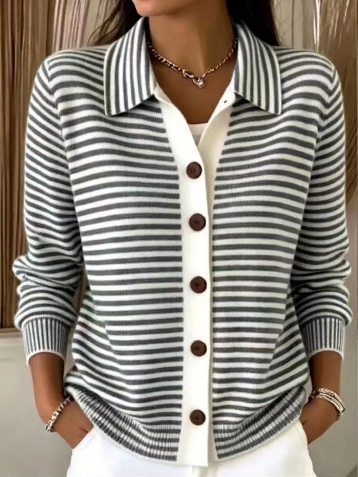 Trendsi Full Size Striped Button-Down Knit Cardigan Plus Size -