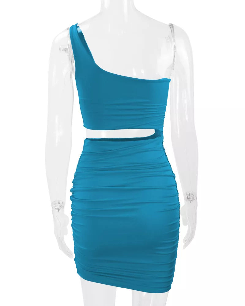 One-shoulder cutout dress, turquoise mannequin back