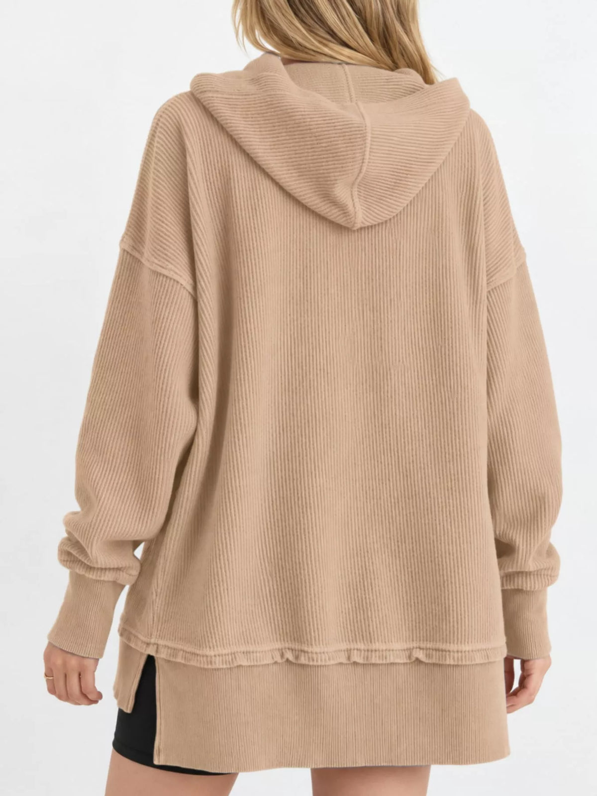 Women's Snap Button Placket Dropped Shoulder Hoodie in tan — back view
