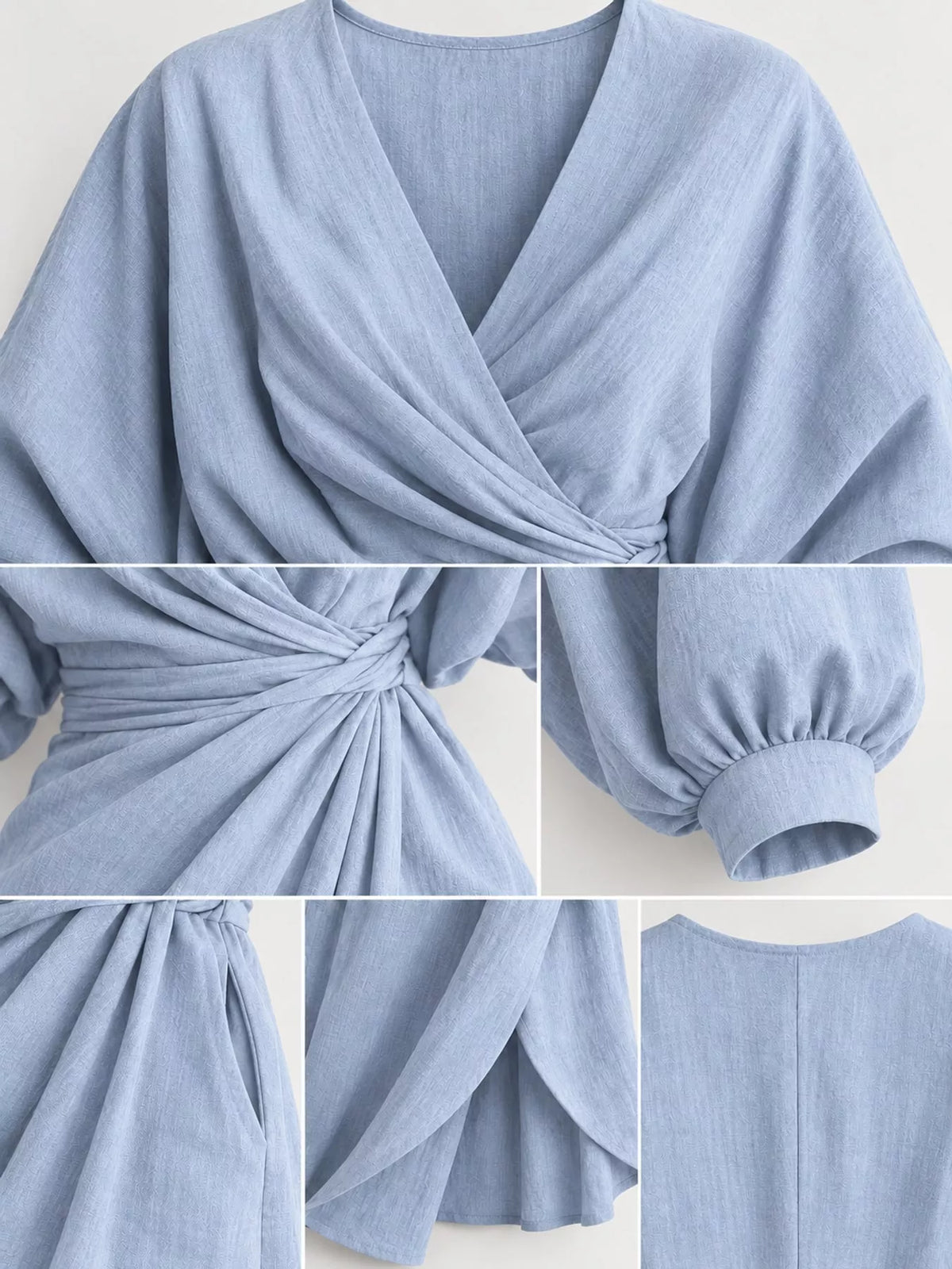 V-neck 3/4 sleeve maxi dress, construction and design details