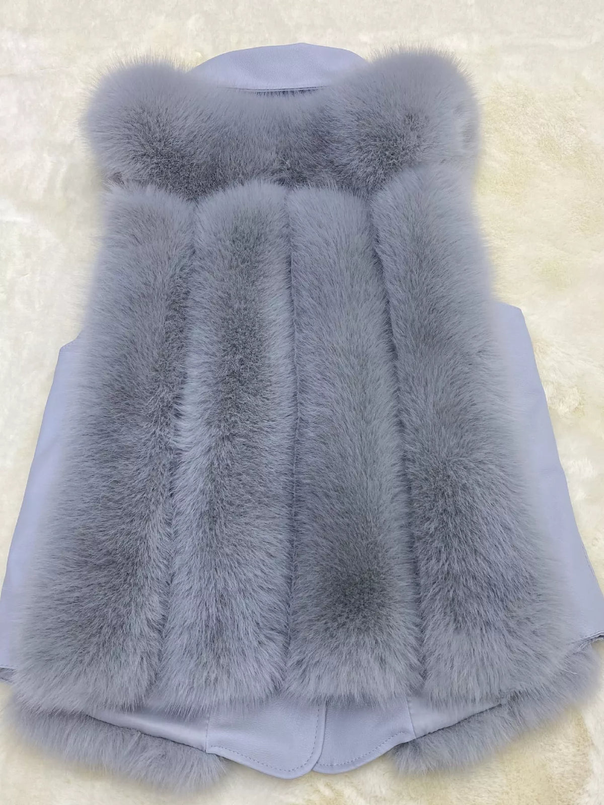 Faux Fur Snap Down Vest Coat, back view in gray