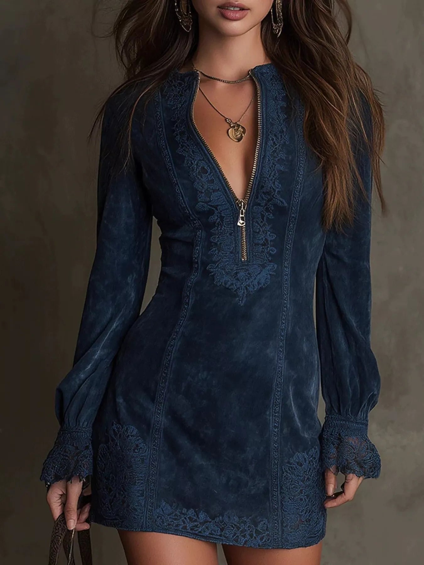 Trendsi Full Size Zip-Front Long Sleeve Mini Dress Plus Size -