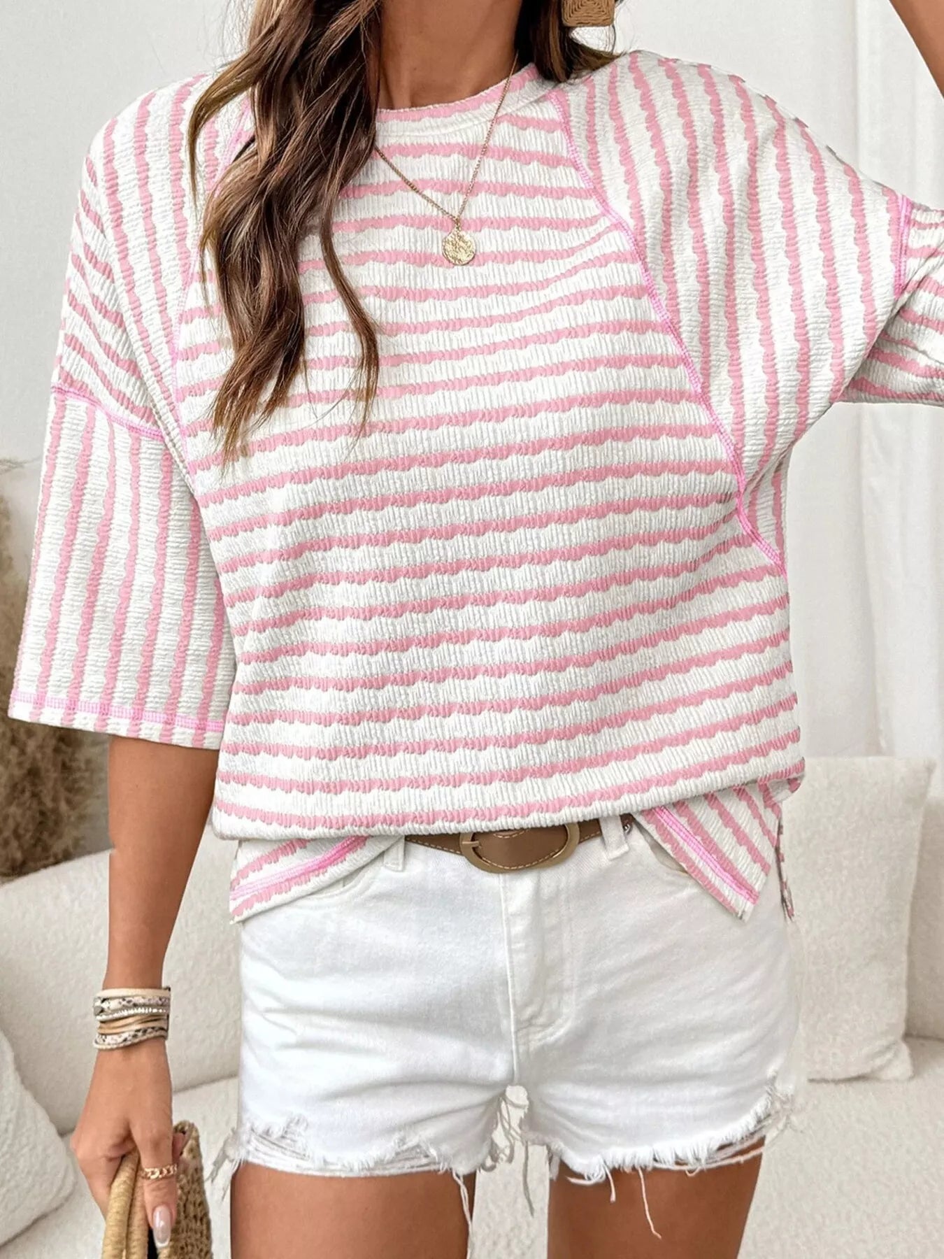 Trendsi Casual Striped Raglan Sleeve Textured T-Shirt -